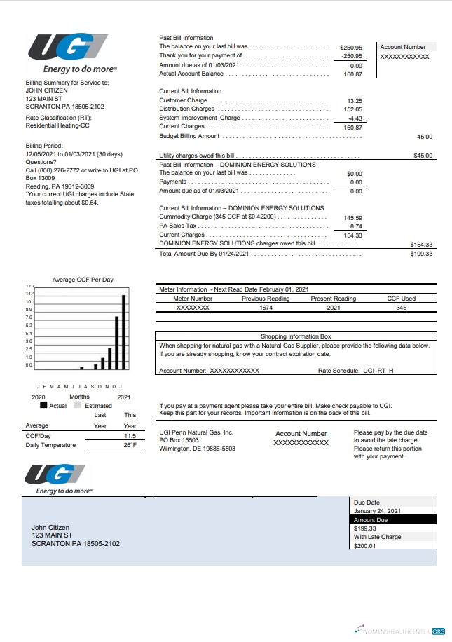 download USA Pennsylvania UGI Utilities utility bill template in Word and PDF format PDF template